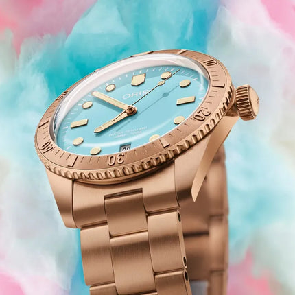 Oris Divers Sixty-Five 01-733-7771-3155-07-8-19-15 Cotton Candy Blue Dial Rose Gold St. Steel Strap