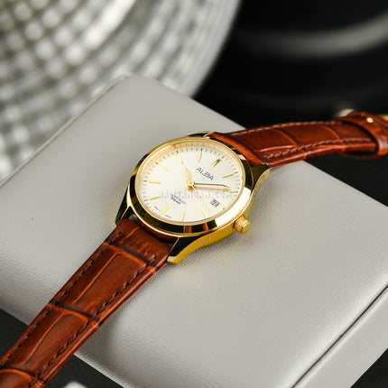 Alba Prestige AH7CG4X1 Ladies Silver White Dial Brown Leather Strap