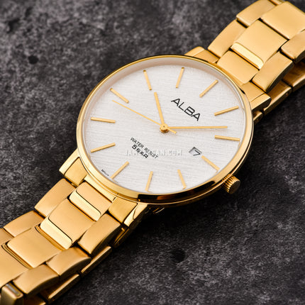 Alba Prestige AS9K08X1 Men White Pattern Dial Gold Stainless Steel Strap