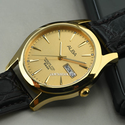 Alba AXND62X1 Men Gold Dial Gold Case Black Leather Strap