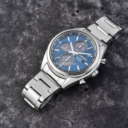 Seiko Chronograph SSC801P1 Solar Discover More Blue Dial Silver Stainless Steel Strap
