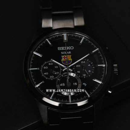 Seiko Solar SBPY049 Spirit FCB Barcelona Black Dial Black Stainless Steel Strap