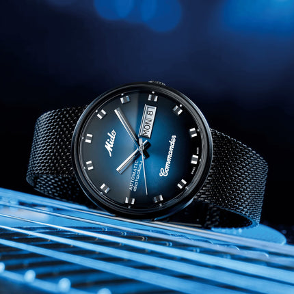Mido Commander Shade M8429.3.25.11 Men Blue Smoke Dial Black Mesh Strap