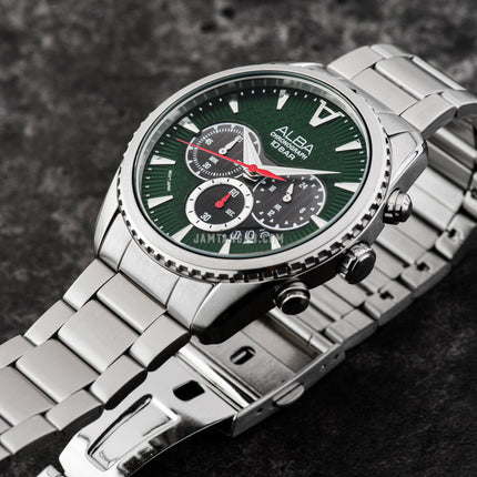 Alba Signa AT3J13X1 Chronograph Men Green Dark Grey Gradation Patterned Dial Stainless Steel Strap