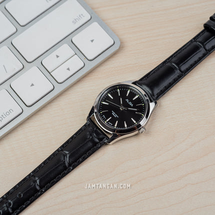 Alba ARX139X1 Ladies Black Dial Black Leather Strap