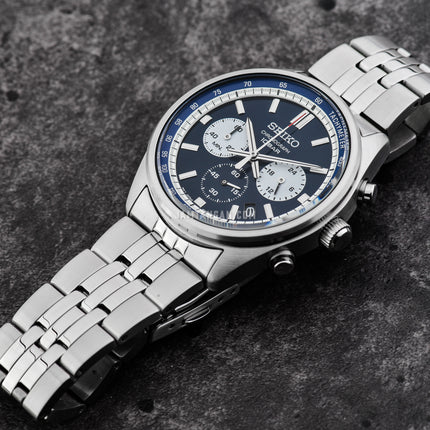 Seiko Chronograph SSB427P1 Essentials Reverse Blue Panda Dual Tone Dial Stainless Steel Strap