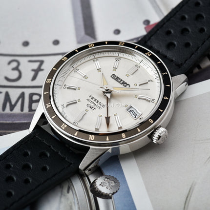 Seiko Presage SSK011J1 Style60s Automatic GMT Grey Dial Black Leather Strap