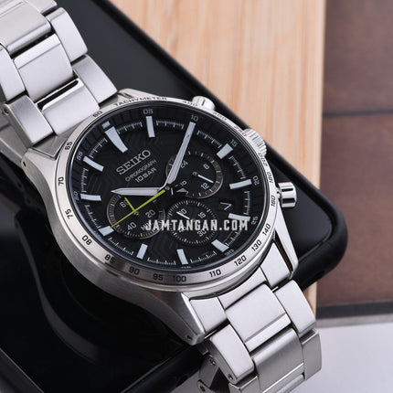 Seiko Chronograph SSB413P1 Discover More Black Dial Stainless Steel Strap