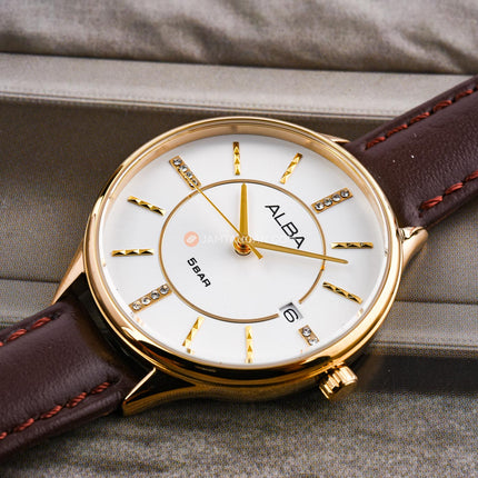 Alba Fashion AG8Q58X1 Ladies Silver White Dial Dark Brown Leather Strap