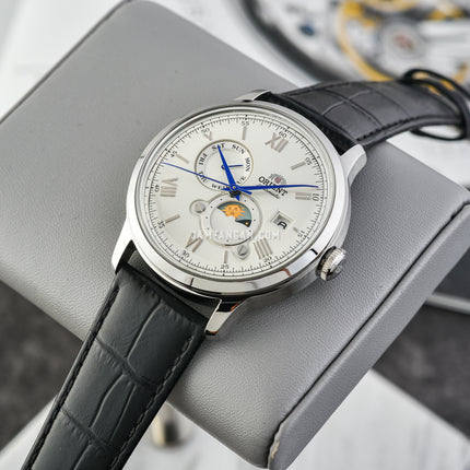 Orient Bambino RA-AK0802S Automatic Sun & Moon White Analog Dial Black Leather Strap