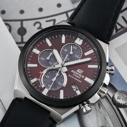 Casio Edifice EQS-950BL-5AVUDF Solar Powered Chronograph Red Maroon Dial Black Leather Band