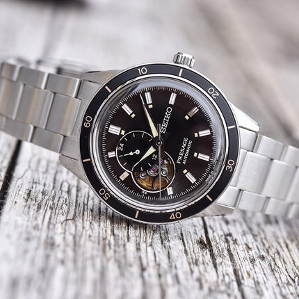 Seiko Presage SSA425J1 Style60s Automatic Open Heart Black Dial Stainless Steel Strap