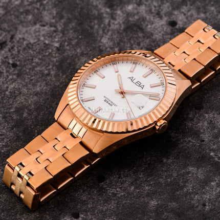 Alba Prestige AS9J90X1 Silver White Dial Rose Gold Stainless Steel Strap