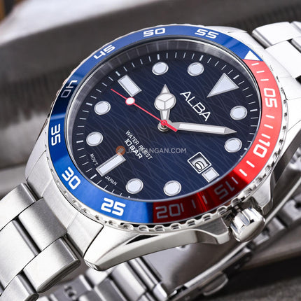 Alba Active AS9V53X1 Men Blue Dial Pepsi Bezel Stainless Steel Strap