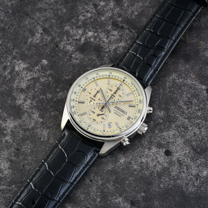 Seiko Classic SSB383P1 Neo Chronograph Beige Dial Black Leather Strap