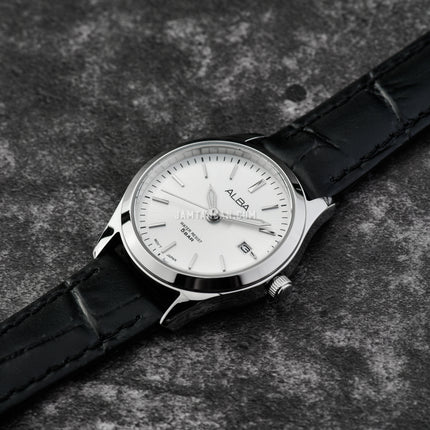 Alba Prestige AH7CG7X1 Ladies Silver White Dial Black Leather Strap