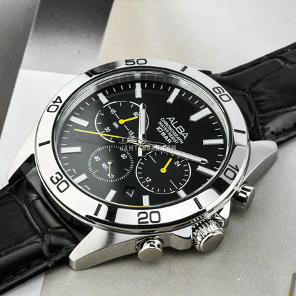 Alba Active AT3H33X1 Chronograph Men Black Dial Black Leather Strap
