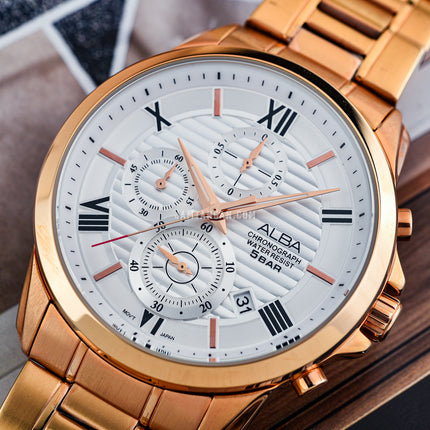 Alba Prestige AM3770X1 Chronograph Silver Pattern Dial Rose Gold Stainless Steel Strap