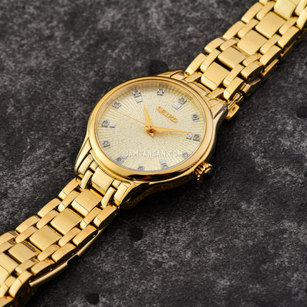 Seiko Ladies SRZ552P1 Champagne Sparkle Effect Dial Gold Stainless Steel Strap