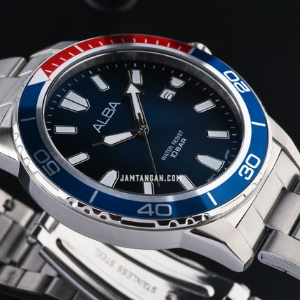 Alba Active AS9U07X1 Men Pepsi Blue Gradation Dial Stainless Steel Strap