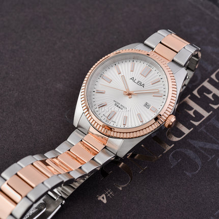Alba Prestige AS9S62X1 Men Silver White Patterned Dial Dual Tone Stainless Steel Strap