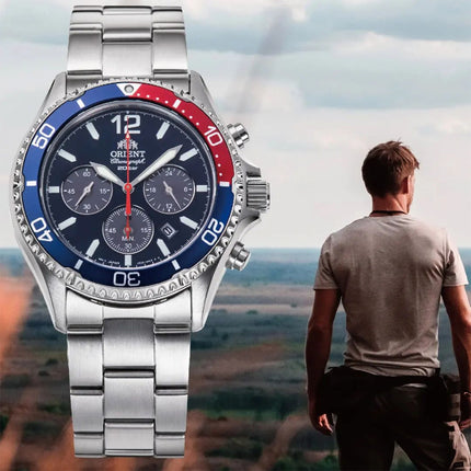 Orient Sports RA-TX0201L Mako Solar Pepsi Diver Chronograph Navy Blue Dial Metal Strap