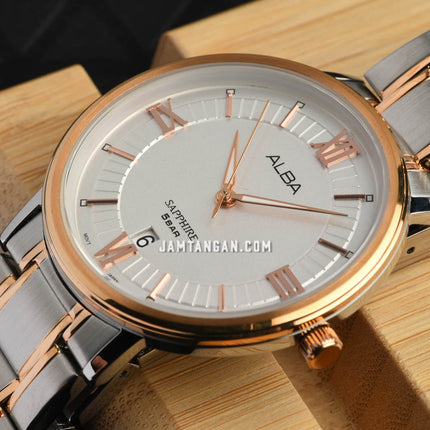Alba AS9L22X1 Men Silver Patterned Dial Dual Tone Stainless Steel Strap