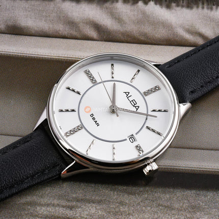Alba Fashion AG8Q59X1 Ladies Silver White Dial Black Leather Strap