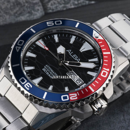 Alba Mechanical A3B017X1 Automatic Men Pepsi Black Pattern Dial Stainless Steel Strap