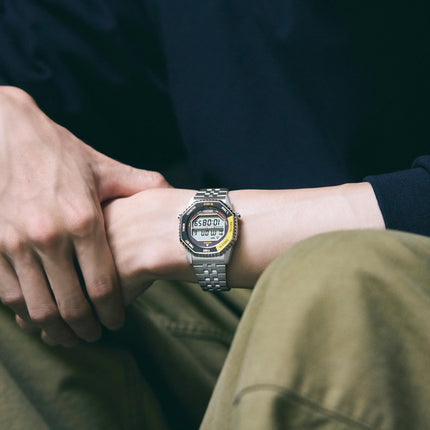 Seiko SMGG17P1 Rotocall Reissue Digital Quartz Watch in Black & Yellow Stainless Steel Strap
