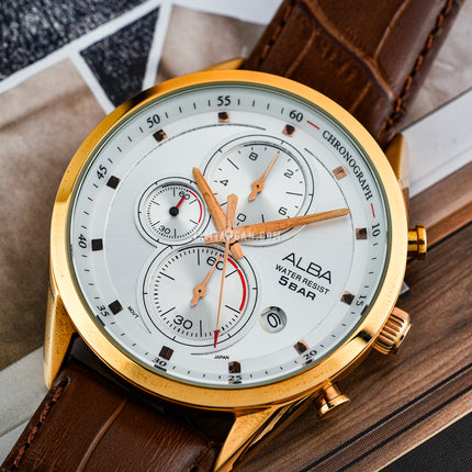 Alba Prestige AM3430X1 Chronograph Men Silver Dial Brown Leather Strap