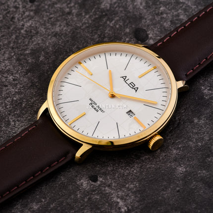 Alba Prestige AS9J88X1 Men Silver White Dial Dark Brown Leather Strap