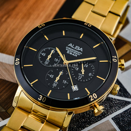 Alba Prestige AT3F62X1 Chronograph Men Black Dial Gold Stainless Steel Strap