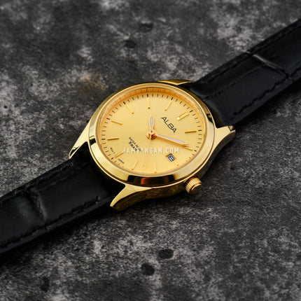 Alba Prestige AH7CG0X1 Ladies Gilt Dial Black Leather Strap