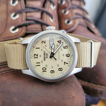 Seiko 5 Sports SRPJ83K1 Mid-Field Sports Style Automatic Men Beige Dial Beige Nylon Strap