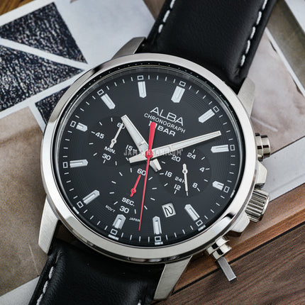 Alba Active AT3J63X1 Men Chronograph Black Dial Black Leather Strap