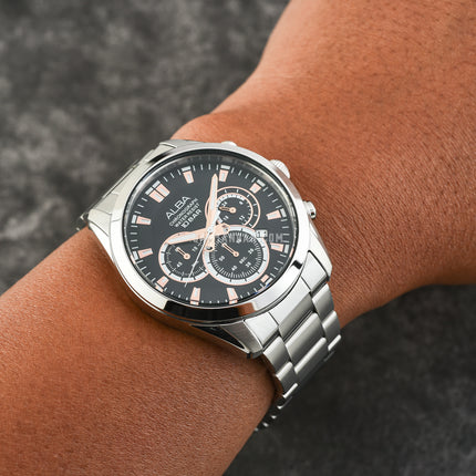 Alba AT3H67X1 Chronograph Men Black Dial Stainless Steel Strap