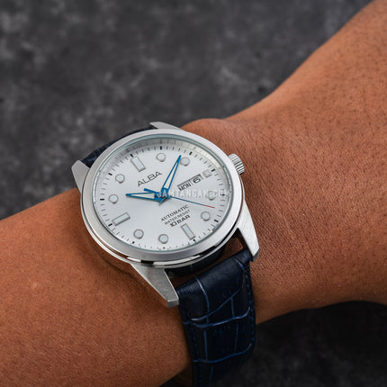 Alba Mechanical AL4663X1 Men Automatic Silver Dial Blue Leather Strap