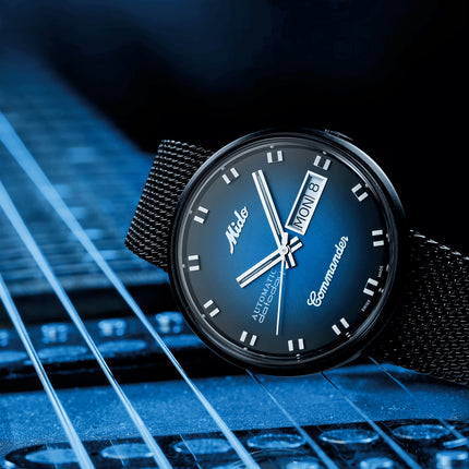 Mido Commander Shade M8429.3.25.11 Men Blue Smoke Dial Black Mesh Strap