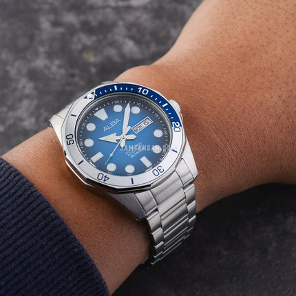 Alba Mechanical AL4549X1 Automatic Men Light Blue Black Gradation Dial Stainless Steel Strap