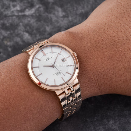 Alba Prestige AS9D70X1 Sapphire Crystal Man White Dial Rose Gold Stainless Steel Strap