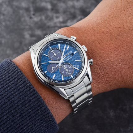 Seiko Chronograph SSC801P1 Solar Discover More Blue Dial Silver Stainless Steel Strap