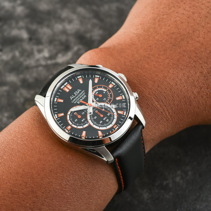 Alba Active AT3H65X1 Chronograph Men Black Dial Black Leather Strap