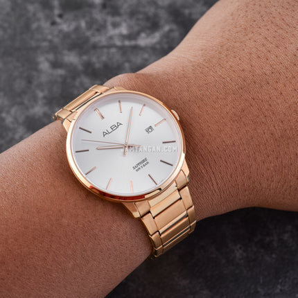 Alba Prestige AS9G56X1 Men Silver White Dial Rose Gold Stainless Steel Strap