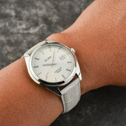 Alba Prestige AS9F33X1 Men Silver Dial Light Grey Leather Strap