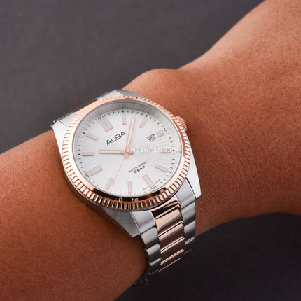 Alba Prestige AS9S62X1 Men Silver White Patterned Dial Dual Tone Stainless Steel Strap