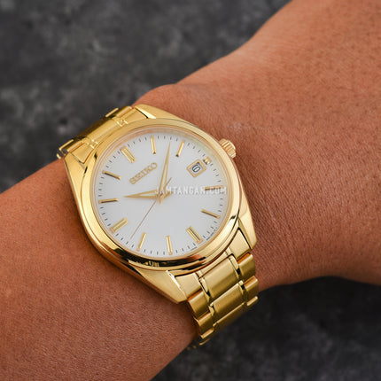 Seiko Classic SUR314P1 Discover More White Dial Gold Stainless Steel Strap