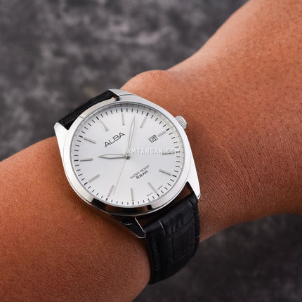 Alba Prestige AS9S29X1 Men Silver White Dial Black Leather Strap