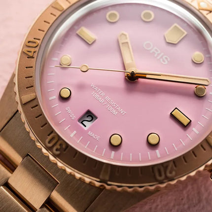 Oris Divers Sixty-Five 01-733-7771-3158-07-8-19-15 Cotton Candy Red Dial Rose Gold St. Steel Strap