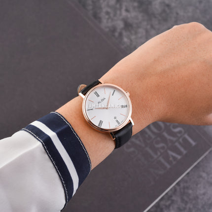 Alba Fashion AG8N88X1 Ladies Silver White Dial Black Leather Strap